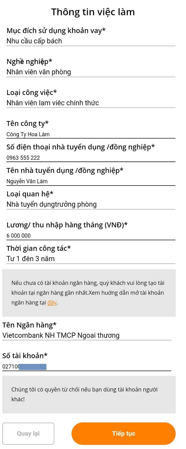 Điền th&ocirc;ng tin việc l&agrave;m hiện tại